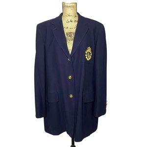 Lauren Ralph Lauren Wool Blazer 18 W Navy Blue Gold Button Up Crest Jacket